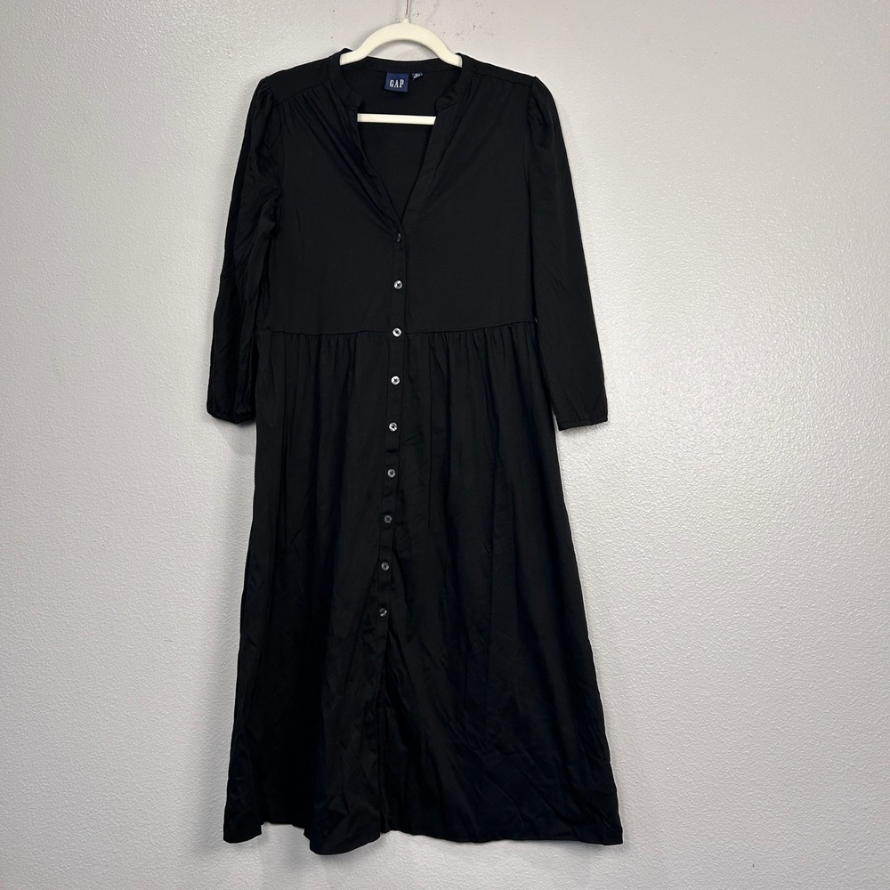 Gap Black Cotton Button Front Midi Dress 3/4 Sleeve V-Neck Medium 1166‎